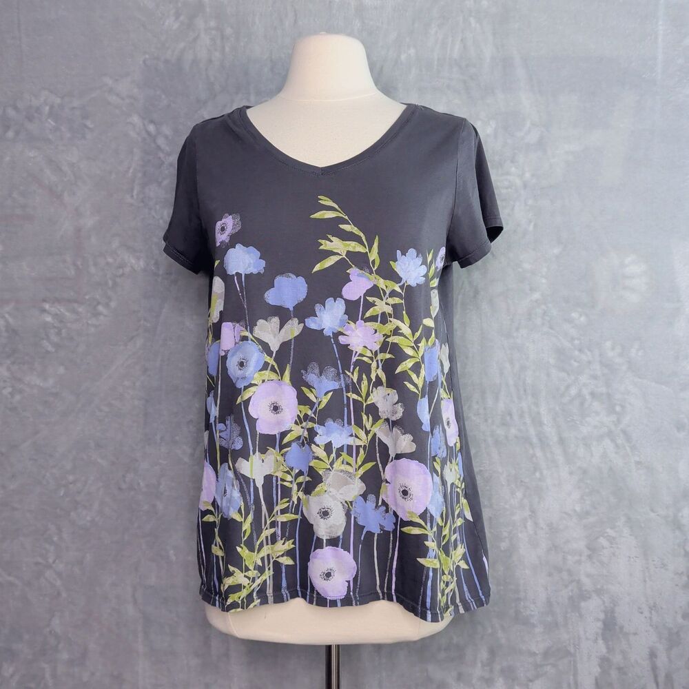 PUREJILL Gray Floral Graphic Print T-Shirt Size M Shirred-Back Elliptical Pima - Picture 4 of 8